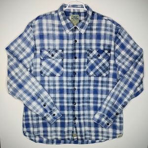 True Religion Men's Shirt XXL Distressed Indigo Western Plaid Button Up Denim 3X